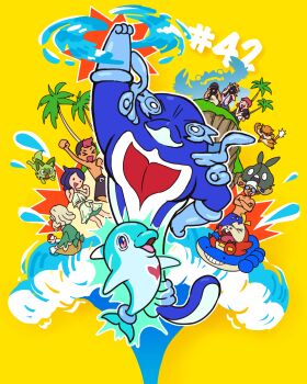 Rule 34 | > <, 1girl, 6+boys, arm up, beard, black hair, black swim trunks, blue hair, blue swim trunks, camera, cat, clenched hand, closed eyes, colored sclera, commentary request, crossed arms, dark-skinned male, dark skin, episode number, facial hair, ftaritomo, fuecoco, gen 3 pokemon, gen 5 pokemon, goggles, grass, hand on own hip, heart, highres, holding, holding camera, holding poke ball, klawf, liko (pokemon), ludlow (pokemon), male swimwear, multicolored hair, multiple boys, nintendo, old, old man, on head, open mouth, outline, palafin, palafin (hero), palafin (zero), palm tree, patrat, poke ball, poke ball (basic), pokemon, pokemon (anime), pokemon (creature), pokemon horizons, pokemon on head, red eyes, red hair, roy (pokemon), sharp teeth, short hair, sitting, snap boys (pokemon), sprigatito, swim cap, swim goggles, swim trunks, swimmer (pokemon), swimsuit, teeth, themed object, topless male, tree, trubbish, two-tone hair, upper teeth only, wailmer, water, water drop, waves, white hair, white outline, white swimcap, yellow background, yellow sclera