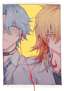 Rule 34 | 2boys, akabane yu, alternate costume, antenna hair, arm tattoo, black choker, black shirt, blonde hair, blue eyes, blue necktie, blush, braid, chain, chain necklace, chest tattoo, choker, chrysos heirs school uniform, collared shirt, earphones, facial tattoo, gradient hair, highres, honkai: star rail, honkai (series), jewelry, male focus, medium hair, multicolored hair, multiple boys, mydei (honkai: star rail), neck tattoo, necklace, necktie, open clothes, open shirt, parted bangs, phainon (honkai: star rail), red hair, red tattoo, school uniform, shared earphones, shirt, short hair, side braid, striped clothes, striped necktie, sun symbol, sun tattoo, tan, tattoo, white hair, white shirt, yaoi, yellow eyes