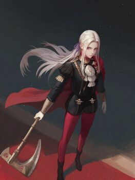 1girl axe black_boots boots breasts cape closed_mouth edelgard_von_hresvelg fire_emblem fire_emblem:_three_houses full_body garreg_mach_monastery_uniform gloves hair_ribbon highres holding holding_axe long_hair long_sleeves nintendo pantyhose purple_eyes purple_ribbon red_cape red_pantyhose ribbon side_cape solo white_hair wrainbow13