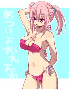 Rule 34 | 1girl, armpits, bad id, bad pixiv id, bikini, breasts, cleavage, criss-cross halter, female focus, halterneck, junrei (nyorori), large breasts, long hair, navel, nyorori, nyorori (tatsutaage), original, pink hair, purple eyes, red bikini, shiny skin, side-tie bikini bottom, smile, solo, swimsuit, twintails
