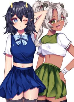 2girls arm_behind_head bandaged_wrist bandages black_hair blue_eyes commentary crop_top dragon_horns english_commentary gold_horns got_dana highres horns indie_virtual_youtuber looking_back midriff mika_boogey_(vtuber) multiple_girls one_eye_closed pleated_skirt ponytail sansin_jin school_uniform skirt sweater_vest thighhighs white_hair yellow_eyes