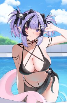 1girl bikini black_bikini black_bow black_choker black_streaks blue_background blue_sky blush bone_hair_ornament bow breasts cetacean_tail choker cleavage closed_mouth cloud commentary cowboy_shot day english_commentary eyebrow_piercing face_piercing fins fish_tail hair_bow hair_ornament hair_sprinkles hand_up heterochromia highres indie_virtual_youtuber large_breasts looking_at_viewer multi-strapped_bikini_top multicolored_hair navel outdoors piercing pink_eyes pointy_ears pokuriin purple_eyes purple_hair second-party_source short_hair sky smile solo sprinkle_hershy sprinkles streaked_hair swept_bangs swimsuit tail virtual_youtuber wading water