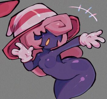 1girl 2024 arm_up ass blowing_kiss blush_stickers breasts collarbone colored_skin commentary curly_hair curvy english_commentary ghost gloves grey_background hair_over_eyes hat intelligent_systems leaning_forward long_hair mario_(series) nintendo no_nipples nude open_mouth outstretched_arm paper_mario paper_mario:_the_thousand-year_door pink_hair purple_skin salute sernsenart sidelocks simple_background small_breasts solo striped_clothes striped_headwear vivian_(paper_mario) vulcan_salute white_gloves witch_hat