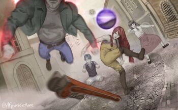 Rule 34 | 2boys, 2girls, abella (fear &amp; hunger), adjustable wrench, ai-generated art (topic), amputee, artist name, bandages, belt, black shoes, black vest, blue pants, bomber jacket, boots, brown boots, brown tank top, commentary, daan (fear &amp; hunger), emoji, english commentary, eyepatch, fear &amp; hunger (series), fear &amp; hunger 2: termina, green jacket, green jumpsuit, grey eyes, highres, imminent attack, incoming attack, jacket, jumpsuit, knee boots, long hair, looking at viewer, magic, marcoh (fear &amp; hunger), marina (fear &amp; hunger), medical eyepatch, meme, moon, moon with face, multiple boys, multiple girls, officer flying pov (meme), on ground, overalls, pants, pink skirt, pipe wrench, pocketbee, quadruple amputee, red hair, shirt tucked in, shoes, sitting, skirt, tank top, vest, whip (dance), wrench, yellow overalls