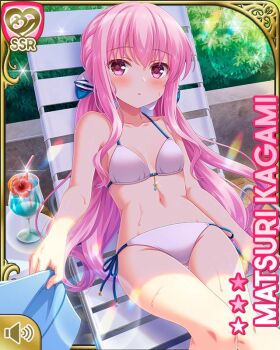 1girl bikini breasts card_(medium) character_name closed_mouth earrings flower girlfriend_(kari) hair_flower hair_ornament indoor_pool indoors jewelry kagami_matsuri long_hair navel official_art pink_eyes pink_hair pool poolside qp:flapper sitting skirt small_breasts solo swimsuit thighs two_side_up white_bikini