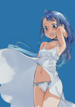 Rule 34 | 1girl, alternate costume, blue background, blue choker, blue eyes, blue hair, branch (blackrabbits), choker, clothes lift, commentary request, cowboy shot, dress, dress lift, dress shirt, embarrassed, female focus, gradient hair, kantai collection, long hair, multicolored hair, open mouth, panties, round teeth, samidare (kancolle), shirt, sleeveless, sleeveless dress, solo, standing, swept bangs, teeth, underwear, upper teeth only, very long hair, white dress, white panties, wind, wind lift