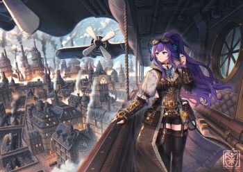 1girl bilingual_commentary black_choker black_thighhighs blue_eyes blue_sky breasts choker clock clock_tower closed_mouth cloud cloudy_sky commentary commission day english_commentary fingerless_gloves gloves goggles goggles_on_head long_hair medium_breasts mixed-language_commentary nagi_itsuki original outdoors purple_hair scenery skeb_commission sky smoke solo steampunk thighhighs tower