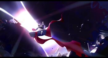 1other alternate_universe asaiiro black_shorts blue_hoodie crack_of_light dusttale english_text falling grey_hood hands_in_pockets highres hood hood_up hoodie indoors letterboxed light_particles midair outdoors pink_slippers red_scarf ruins sans_(undertale) scarf shirt shorts skeleton slippers smoke white_shirt