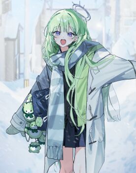 1girl bag bag_charm black_cardigan blue_skirt cardigan character_charm charm_(object) chico_(yuzuha_riko) clover coat commentary dandandanholo day feet_out_of_frame four-leaf_clover green_hair green_jacket grey_coat grey_scarf hair_over_shoulder jacket long_hair looking_at_viewer miniskirt open_clothes open_coat open_mouth outdoors pleated_skirt purple_eyes scarf school_bag shoulder_bag skirt snow snowing solo standing stellive striped_clothes striped_scarf symbol-only_commentary virtual_youtuber winter winter_clothes yuzuha_riko