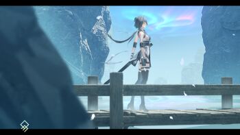 1girl absurdres artist_logo bare_shoulders black_boots black_bow black_dress black_gloves black_hair boots bow breasts commentary dress elbow_pads english_commentary female_rover_(wuthering_waves) from_side gloves hair_bow highres letterboxed logo long_hair low_ponytail medium_breasts outdoors ponytail qurami rover_(wuthering_waves) solo thigh_boots thigh_strap thighs wuthering_waves