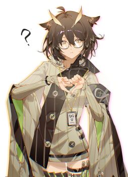 1girl ? animal_ears arknights armband bird_ears brown_cloak brown_dress brown_hair cloak commentary cowboy_shot dress feathers heart heart_hands highres id_card indai_(3330425) long_sleeves orange_eyes rhine_lab_logo short_hair silence_(arknights) simple_background solo symbol-only_commentary test_tube thigh_strap thumbs_down thumbs_down_heart_hands white_background wristband