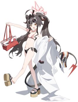 >:) 1girl :3 artist_request bag bare_legs bikini black_bikini black_hair blue_archive eyewear_on_head full_body game_cg gun halo handgun highres hip_bones holding holding_bag horns kasumi_(blue_archive) kasumi_(swimsuit)_(blue_archive) lab_coat legs long_hair long_sleeves looking_at_viewer navel official_art open_mouth platform_sandals red_halo sandals smile solo stomach striped_bikini striped_clothes sunglasses swimsuit tail transparent_background twintails v-shaped_eyebrows very_long_hair weapon wide_sleeves yellow_eyes