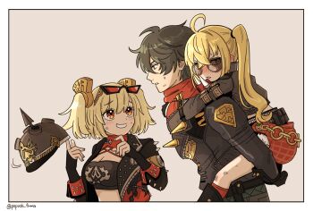1boy 2girls ahoge black_helmet black_jacket black_tube_top blonde_hair blush burnice_white carrying combat_helmet eyewear_on_head fur-trimmed_shorts fur_trim gloves half_gloves helmet highres holding_unworn_helmet jacket leather leather_jacket lighter_(zenless_zone_zero) long_sleeves luciana_de_montefio micro_shorts multiple_girls open_clothes open_jacket pickelhaube piggyback popochi_fuwa red-tinted_eyewear red_eyes red_scarf scarf shorts shoulder_spikes side_ponytail spiked_jacket spikes strapless sunglasses sweat tinted_eyewear tube_top twitter_username unworn_headwear unworn_helmet zenless_zone_zero