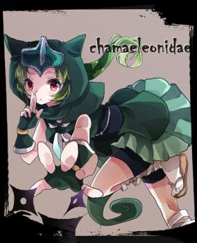 1girl bike_shorts black_sash black_shorts brown_background brown_sandals closed_mouth commentary_request dress expressionless fingerless_gloves foot_out_of_frame gloves green_dress green_gloves green_hair kemono_friends kuji-in long_hair looking_at_viewer ninja obi panther_chameleon_(kemono_friends) red_eyes sandals sash shinjitsu_no_kuchi shorts shuriken socks solo throwing weapon white_socks zouri