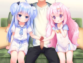 2girls ahoge black_pants blue_bow blue_eyes blue_hair blue_necktie blue_sailor_collar blush bow bowtie buttons censored collarbone cooperative_handjob couch double_bun erection feet_out_of_frame game_cg hair_bow hair_bun hand_up handjob harem_futago_lolita head_out_of_frame hetero large_variant_set loli long_hair mosaic_censoring multiple_girls necktie non-web_source open_mouth pants penis pillow pink_eyes pink_hair pleated_skirt sailor_collar shirt short_sleeves siblings sisters sitting skirt sunao_(harem_futago_lolita) teamwork_(sexual) tomari_(harem_futago_lolita) twins usashiro_mani variant_set white_shirt white_skirt yellow_bow yellow_bowtie