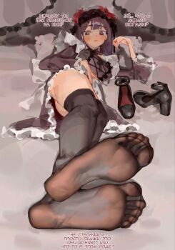 Rule 34 | 1girl, absurdres, ass, cosplay, feet, foot focus, hard-translated, hard-translated (non-english), highres, kitagawa marin, l mould, long hair, looking at viewer, maid, non-web source, on bed, russian text, solo, thighhighs, third-party edit, toeless legwear, toes, upskirt