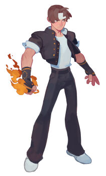 1boy brown_eyes brown_hair commentary english_commentary fingerless_gloves fire fl_(l-fl) gloves highres jacket kusanagi_kyou pyrokinesis short_hair simple_background solo the_king_of_fighters white_background