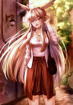 1girl absurdres bag breasts cleavage day dress fate/grand_order fate_(series) head_wings highres jewelry long_hair mashutarou_(neko_no_oyashiro) medium_breasts necklace open_mouth outdoors scan skirt solo thrud_(fate) valkyrie_(fate) wings