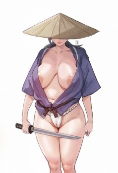 1girl areola_slip black_hair breasts cameltoe covered_eyes dzenrei_(dzenrei_art) female_pubic_hair fundoshi happi hat hat_over_eyes highres holding holding_sword holding_weapon japanese_clothes large_breasts lips long_hair mature_female navel obi open_happi original pubic_hair pubic_hair_peek purple_happi rice_hat sash solo standing sword weapon white_background
