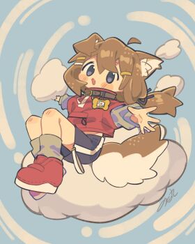 1girl ahoge animal_ear_fluff animal_ears black_collar black_ribbon black_shorts blue_eyes blush_stickers brown_hair collar commentary_request dog_ears dog_girl dog_tail fangs full_body grey_socks hair_ornament hair_ribbon hairclip highres jacket layered_sleeves long_hair long_sleeves low-tied_long_hair mamehinata notamaru_2 on_cloud open_mouth outstretched_arms parallel_hairclips red_jacket red_shoes ribbon shoes short_over_long_sleeves short_sleeves shorts sitting skin_fangs socks solo spread_arms tail vrchat
