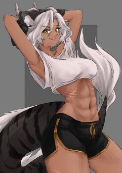 Rule 34 | 1girl, abs, absurdres, animal ears, armpits, arms behind head, breasts, cropped shirt, dark-skinned female, dark skin, dolphin shorts, dragon horns, dragon tail, grey background, grey hair, highres, horns, indie virtual youtuber, looking at viewer, muscular, muscular female, navel, sansin jin, scar, scar on leg, scar on stomach, shirt, short hair, shorts, solo, superfann, tail, thick thighs, thighs, virtual youtuber, white shirt, yellow eyes