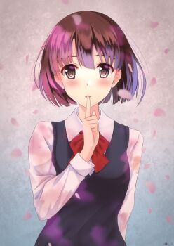1girl bad_id bad_pixiv_id blush bob_cut bow bowtie broadcaster_connection brown_eyes brown_hair cherry_blossoms cosplay female_focus finger_in_own_mouth gradient_background highres katou_megumi kuzu_no_honkai noitamina official_style parody rko_(a470350510) saenai_heroine_no_sodatekata school_uniform short_hair solo style_parody yasuraoka_hanabi yasuraoka_hanabi_(cosplay)