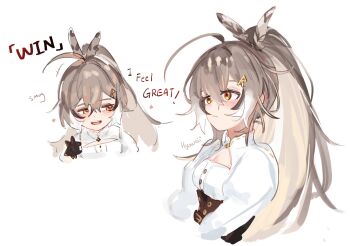 1girl ahoge brown_corset brown_eyes closed_mouth corset feather_hair_ornament feathers gradient_hair grey_hair hair_ornament hairclip highres hololive hololive_english long_hair multicolored_hair multiple_views nanashi_mumei nanashi_mumei_(1st_costume) ponytail shirt simple_background virtual_youtuber weiiyxn white_background white_hair white_shirt