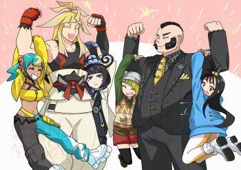 2boys 4girls :o aqua_hair aqua_pants bandeau beanie belt belt_buckle black_belt black_dress black_eyes black_gloves black_hair black_jacket black_pants black_pantyhose black_shirt black_shoes black_thighhighs blonde_hair blue_belt blue_gloves blue_hoodie buckle canari_(pokemon) choppy_bangs closed_eyes closed_mouth coat cropped_jacket cube_hair_ornament dark-skinned_female dark_skin dress eyelashes fingerless_gloves frown gloves gradient_hair green_hair green_shoes gwynn_(pokemon) hair_ornament hanging_on_arm harmony_(pokemon) hat highres hood hoodie ivor_(pokemon) jacket lida_(pokemon) long_hair long_sleeves mole mole_under_mouth multicolored_hair multiple_boys multiple_girls muscular muscular_male navel nintendo o-ring o-ring_belt open_clothes open_coat open_jacket open_mouth pants pantyhose partially_fingerless_gloves philippe_(pokemon) pokemon pokemon_legends:_z-a purple_eyes purple_hair red_shorts shirt shoes shorts sleeveless sleeveless_shirt socks split-color_clothes split-color_hair sweatdrop teeth thighhighs two-tone_belt two-tone_pants vest white_coat white_pants white_shoes white_socks yellow_bandeau yukari_(yukari21653710)