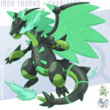 Rule 34 | albrt-wlson, character name, charizard, claws, colored sclera, commentary, english commentary, fangs, fire, gen 1 pokemon, green fire, green sclera, highres, instagram username, iron thorns, mega charizard x, mega pokemon, nintendo, no humans, non-humanoid robot, nostrils, official art inset, open mouth, pokemon, pokemon (creature), pokemon focus, red eyes, reference inset, robot, robot dragon, skin fangs, wings