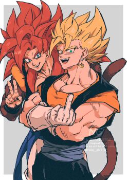 biceps blue_eyes blue_sash body_fur dragon_ball dragon_ball_gt earrings gogeta highres jewelry male_focus metamoran_vest monkey_boy monkey_tail muscular muscular_male no_nipples pants pectorals potara_earrings red_fur red_hair relio_db318 sash simple_background smile spiked_hair super_saiyan super_saiyan_1 super_saiyan_4 tail vegetto veins veiny_hands white_pants