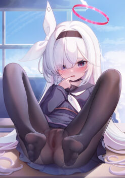 1girl absurdres anus black_choker black_eyes black_hairband black_pantyhose blue_archive blush braid censored choker gaping hair_over_one_eye hairband halo highres loli long_hair long_sleeves looking_at_viewer neckerchief no_panties open_mouth pantyhose plana_(blue_archive) pleated_skirt presenting_own_foot pussy pussy_under_pantyhose red_halo sailor_collar school_uniform serafuku single_braid skirt soles solo underwear very_long_hair wei_(wei_xiao_wei) white_hair white_neckerchief