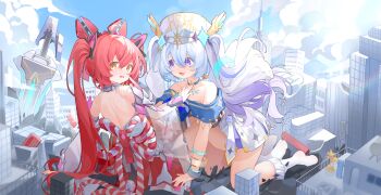 2girls absurdres bare_shoulders blue_hair bobby_socks chinese_commentary commentary_request fang giant giantess gradient_hair highres long_hair multicolored_hair multiple_girls ningmeng_jing_jing_jing_jing open_mouth original purple_eyes purple_hair red_hair sitting skin_fang socks streaked_hair twintails white_hair white_socks yellow_eyes