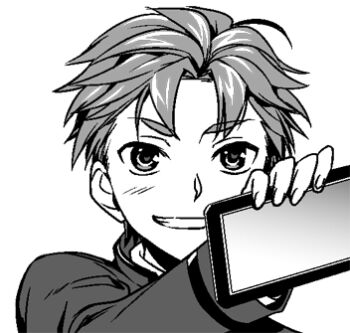 1boy blazer blush chuo_tanegashima_high_school_uniform greyscale grin holding holding_tablet_pc ikuhashi_muiko jacket looking_ahead lowres male_focus monochrome portrait robotics;notes school_uniform science_adventure short_hair simple_background smile solo tablet_pc upper_body white_background winter_uniform yashio_kaito