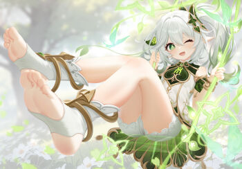 1girl ;d absurdres bare_shoulders bloomers commentary_request detached_sleeves dress genshin_impact gold_trim gradient_hair green_eyes green_hair green_sleeves hair_between_eyes hair_ornament highres leaf_hair_ornament long_hair looking_at_viewer multicolored_hair nahida_(genshin_impact) on_swing one_eye_closed open_mouth pointy_ears pou_bao side_ponytail sitting sleeveless sleeveless_dress smile solo star-shaped_pupils star_(symbol) stirrup_legwear swing symbol-shaped_pupils toeless_legwear toes underwear white_bloomers white_dress white_hair