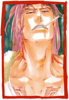 1boy abarai_renji bleach cigarette collarbone fur_trim headband kubo_tite lips long_hair looking_at_viewer male_focus official_art postcard red_hair second-party_source simple_background teeth upper_body