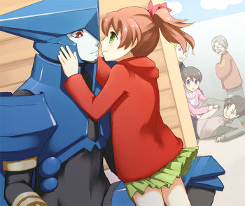 Rule 34 | 2girls, 4boys, asagi marin, blue eyes, blush, brigadoon, brown hair, green eyes, hetero, hood, hoodie, mechaphilia, melan blue, mike white, multiple boys, multiple girls, onando shirou, pleated skirt, profile, red eyes, sabu (sabudenego), skirt, smile, tokita jun, tokita tadashi