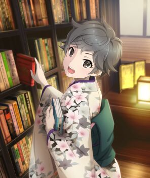 Rule 34 | 1girl, :d, book, bookshelf, brown eyes, cowboy shot, floral print, floral print kimono, from side, game cg, green sash, grey hair, hasui mayumi, holding, holding book, indoors, japanese clothes, kimono, lantern, long sleeves, looking at viewer, obi, official art, open mouth, paper lantern, print kimono, sash, short hair, smile, solo, teeth, third-party source, toji no miko, toji no miko: kizamishi issen no tomoshibi, upper teeth only, very short hair, white kimono, wooden floor