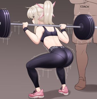 1boy 1girl ass domiansfw english_text exercising fate/kaleid_liner_prisma_illya fate_(series) full_body head_out_of_frame highres illyasviel_von_einzbern pants pantylines pink_shoes ponytail prisma_illya shaking shoes solo_focus sports_bra sportswear yoga_pants