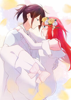 1boy 1girl absurdres alternate_hairstyle bare_shoulders black_hair blue_eyes blush bow carrying closed_mouth couple dress eye_contact falling_petals flower formal_clothes gloves groom hair_flower hair_ornament hetero highres husband_and_wife jacket long_dress long_hair long_sleeves looking_at_another off-shoulder_dress off_shoulder petals ponytail princess_carry profile rain_re_a re:zero_kara_hajimeru_isekai_seikatsu red_hair rose shirt smile suit theresia_van_astrea wedding wedding_dress white_dress white_flower white_gloves white_jacket white_rose white_shirt white_suit wilhelm_(re:zero) yellow_flower yellow_rose