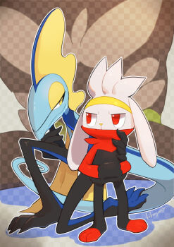 checkered_background closed_mouth commentary_request eye_contact gen_8_pokemon hands_in_pockets highres inteleon kikuyoshi_(tracco) kneeling looking_at_another looking_back nintendo outline pokemon pokemon_(creature) raboot red_eyes signature smile standing yellow_eyes