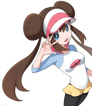 Rule 34 | 1girl, :d, black pantyhose, blue eyes, breasts, bright pupils, brown hair, commentary, double bun, english commentary, hair bun, hand up, highres, long hair, moroff3 (crostzard), nintendo, open mouth, pantyhose, pokemon, pokemon black 2 and white 2, raglan sleeves, rosa (pokemon), shirt, shorts, sidelocks, simple background, smile, solo, three-quarter sleeves, twintails, visor cap, w, white background, white pupils, yellow shorts