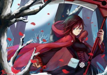 1girl bare_tree belt belt_pouch black_belt black_dress black_hair blurry blurry_background breasts cloak closed_mouth commentary corset crescent_rose dated dated_commentary dress falling_petals frilled_sleeves frills full_moon gradient_hair grey_eyes grey_sky hair_between_eyes hands_up holding holding_scythe holding_weapon hood hood_down hooded_cloak long_sleeves medium_breasts medium_dress medium_hair messy_hair moon multicolored_hair night parted_bangs petals pouch red_cloak red_corset red_hair red_petals rose_petals ruby_rose rwby scythe signature sky smile snow_on_tree solo tree two-tone_hair underbust upper_body v-shaped_eyebrows watermark weapon winter xuanniao