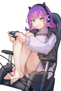 1girl apron bare_legs barefoot braid candy chair colored_inner_hair commentary controller crossed_ankles dayon_(dayonnnn) feet food frilled_apron frills full_body game_controller gaming_chair green_eyes hair_ornament hairclip hands_up headphones highres holding holding_controller holding_game_controller hololive knees_up legs lollipop long_hair long_sleeves looking_at_viewer maid_apron mouth_hold multicolored_hair puffy_long_sleeves puffy_sleeves purple_hair purple_sweater simple_background sitting solo sweater swivel_chair thighs toenails toes tokoyami_towa twin_braids virtual_youtuber white_background