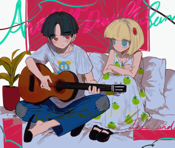 1boy 1girl absurdres alternate_costume anzekeye black_hair black_slippers blonde_hair blue_eyes blue_pants blunt_bangs blush closed_mouth commentary_request crossed_arms dress guitar hair_ornament hetero highres holding holding_guitar holding_instrument instrument jewelry maruko_gaku music necklace oosuzuki_kurara pants patchwork_clothes plant playing_instrument potted_plant red_eyes shirt shoes short_hair short_sleeves sitting sleeveless sleeveless_dress slippers t-shirt the_hundred_line_-last_defense_academy- white_shirt