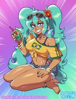 Rule 34 | 1girl, anklet, aqua eyes, aqua hair, artist name, bikini, bikini under clothes, bracelet, brazilian flag, brazilian flag print, brazilian miku, breasts, commentary, dark-skinned female, dark skin, denim, denim shorts, drink, earrings, english commentary, eyewear on head, flag print, flower, full body, hair flower, hair ornament, hatsune miku, highleg, highleg bikini, holding, holding drink, jewelry, long hair, medium breasts, mike luckas, nail polish, patreon username, seiza, shirt, short shorts, shorts, sitting, smile, solo, sunburst, sunburst background, sunglasses, swimsuit, tan, twintails, vocaloid, yellow shirt