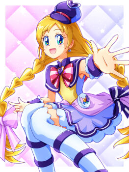 1girl :d \m/ aqua_eyes argyle_background blonde_hair blush border bow bow_earrings braid brooch capelet chest_bow commentary cure_friendy curled_fingers deerstalker dot_nose dress dress_bow earrings feet_out_of_frame frilled_wrist_cuffs frills hair_bow hat hat_ornament heart heart_brooch heart_hat_ornament highres inukai_iroha jewelry knees_together_feet_apart long_hair looking_at_viewer low-tied_long_hair low_twin_braids magical_girl mimimix multicolored_bow open_hand open_mouth outside_border outstretched_hand pact_holder petticoat pink_bow pouch precure purple_background purple_bow purple_capelet purple_dress purple_hat purple_wrist_cuffs reaching reaching_towards_viewer short_dress sleeveless sleeveless_dress smile solo spread_fingers squatting star_(symbol) striped_bow thighhighs tilted_headwear twin_braids very_long_hair white_border white_thighhighs wonderful_pact wonderful_precure! wrist_cuffs zettai_ryouiki