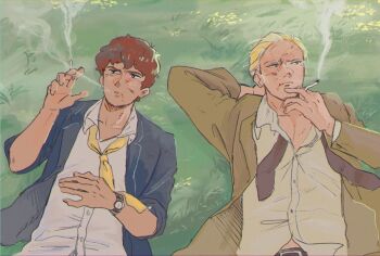 2boys amuro_ray blonde_hair bruise bruise_on_face char's_counterattack char_aznable cigarette commentary_request gundam highres implied_after_sex injury jacket lying multiple_boys neckerchief on_back open_clothes open_jacket posssari scene_reference shirt sketch smoking white_shirt yellow_jacket yellow_neckerchief