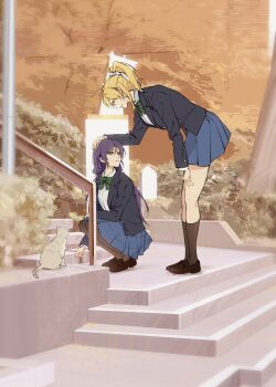 2girls ayase_eli blonde_hair blue_eyes bow cat commentary_request green_eyes hair_ornament hair_scrunchie headpat highres k.jhitsugi long_hair love_live! love_live!_school_idol_project low_twintails multiple_girls otonokizaka_school_uniform ponytail purple_hair school_uniform scrunchie skirt smile thighhighs tojo_nozomi twintails white_scrunchie winter_uniform yuri