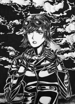 1girl black_gloves bordfunker133 commentary cougar_pattern cougar_pattern_foulard english_commentary foulard genderswap genderswap_(mtf) gloves goggles goggles_on_head greyscale hans-joachim_marseille highres jacket leather leather_jacket looking_to_the_side luftwaffe marseille-chan_(bordfunker133) medium_hair military monochrome open_mouth original real_life soldier solo teeth tongue upper_body upper_teeth_only world_war_ii