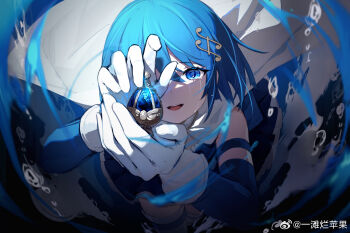 Rule 34 | 1girl, arms up, blue eyes, blue hair, blue theme, blurry, bubble, cape, chinese commentary, crying, crying with eyes open, depth of field, dispersion (optics), from above, gloves, hair between eyes, hair ornament, highres, holding, looking at object, looking up, mahou shoujo madoka magica, miki sayaka, miki sayaka (magical girl), one eye covered, open mouth, sad smile, solo, soul gem, spot color, tears, teeth, translation request, two-handed, upper body, upper teeth only, white cape, white gloves, wind, yitan lan pingguo
